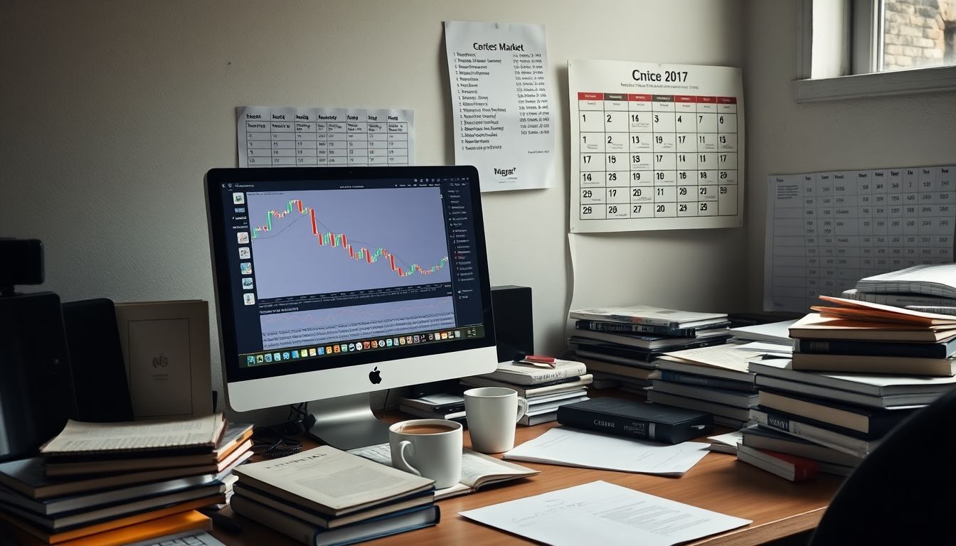 A cluttered desk with cryptocurrency charts, books, and coffee for trading.