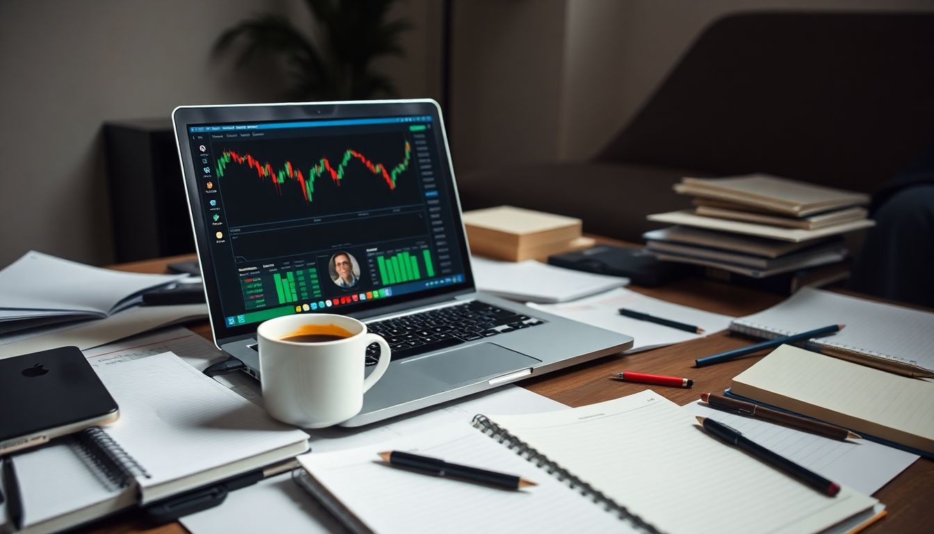 An open laptop displays live cryptocurrency charts on a cluttered desk.