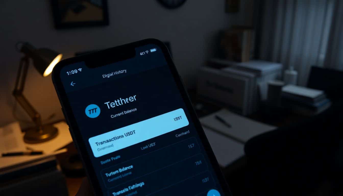 A phone photo of Tether (USDT) digital wallet transaction history.