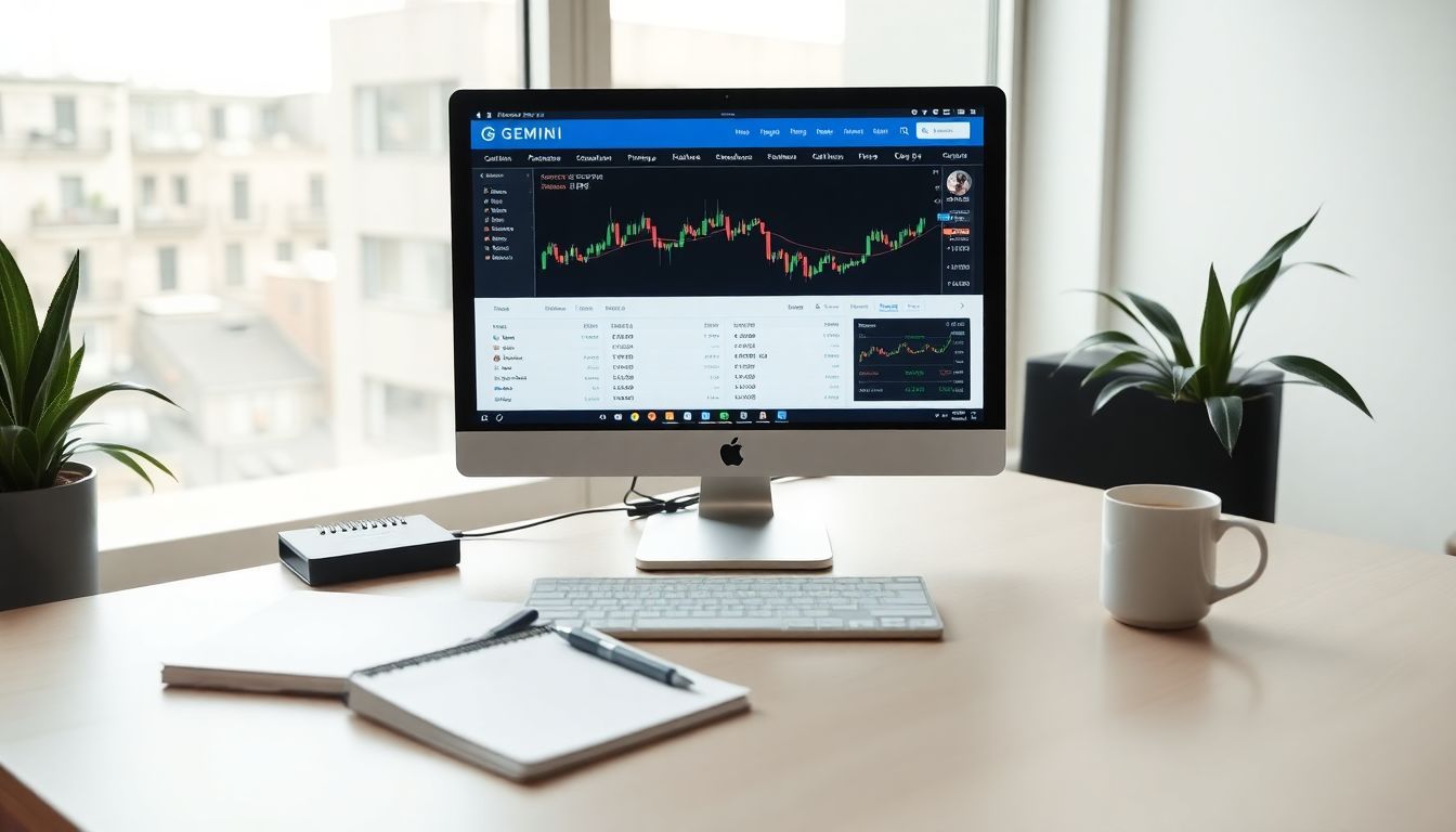 A modern workspace with computer screen showing Gemini trading platform charts.