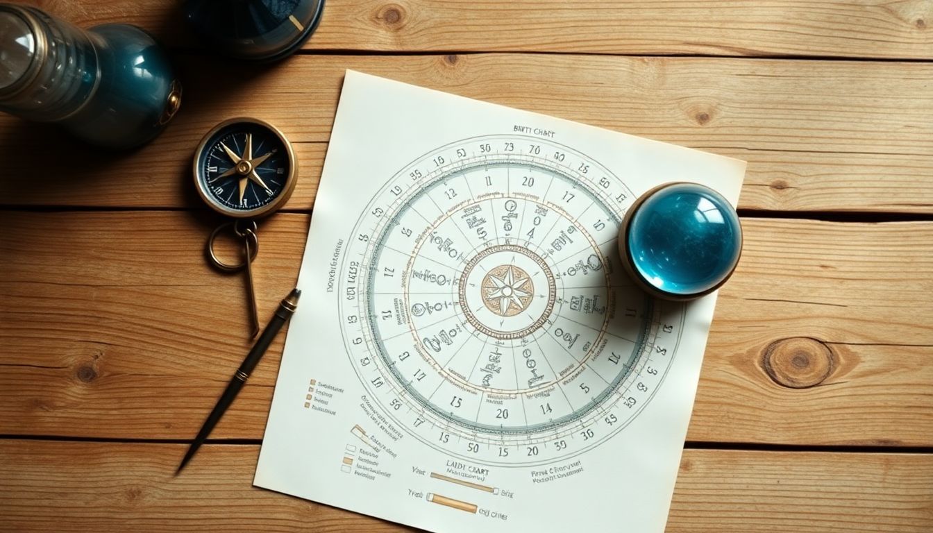 A Dogecoin birth chart displayed on a rustic wooden table.