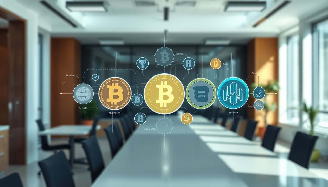 A collection of digital tokens representing real-world assets in a modern office.