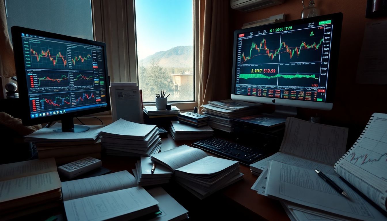 A cluttered desk with trading books, charts, and stock price movements.