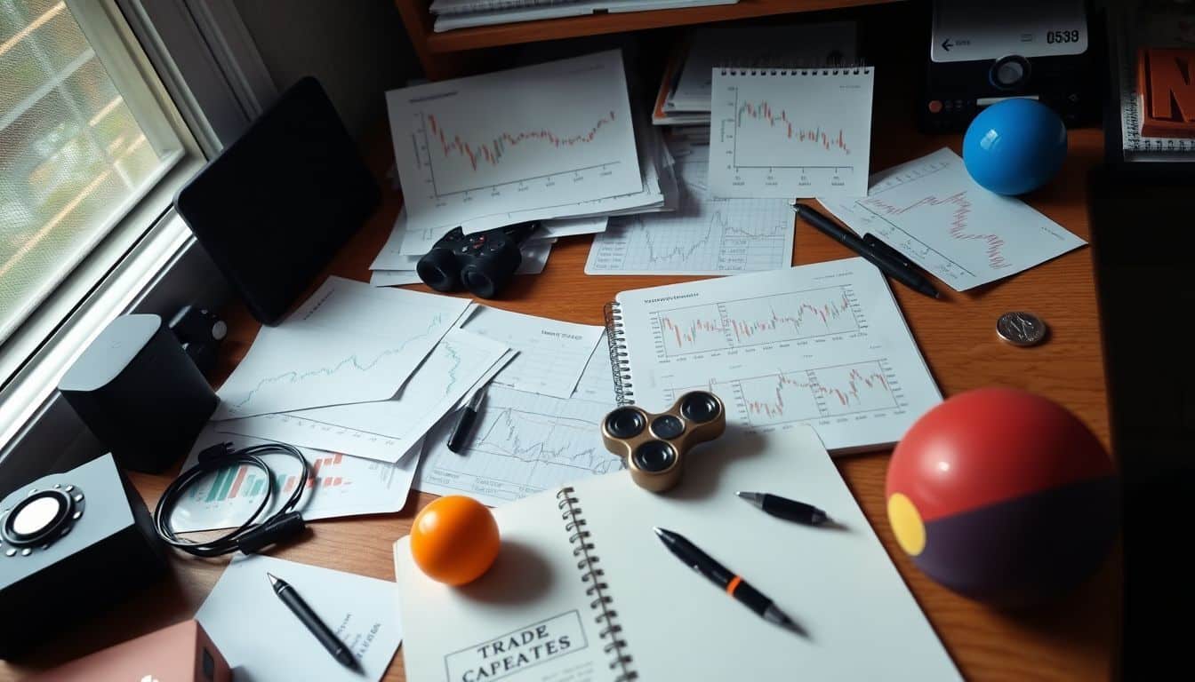 A cluttered desk with crypto charts, trading strategies, and stress-relief items.