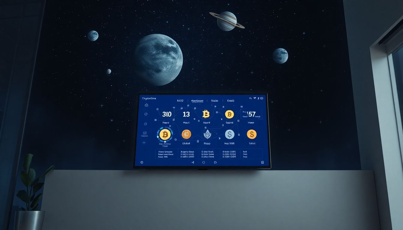 The image shows a digital screen displaying changing cryptocurrency symbols under a starry night sky.