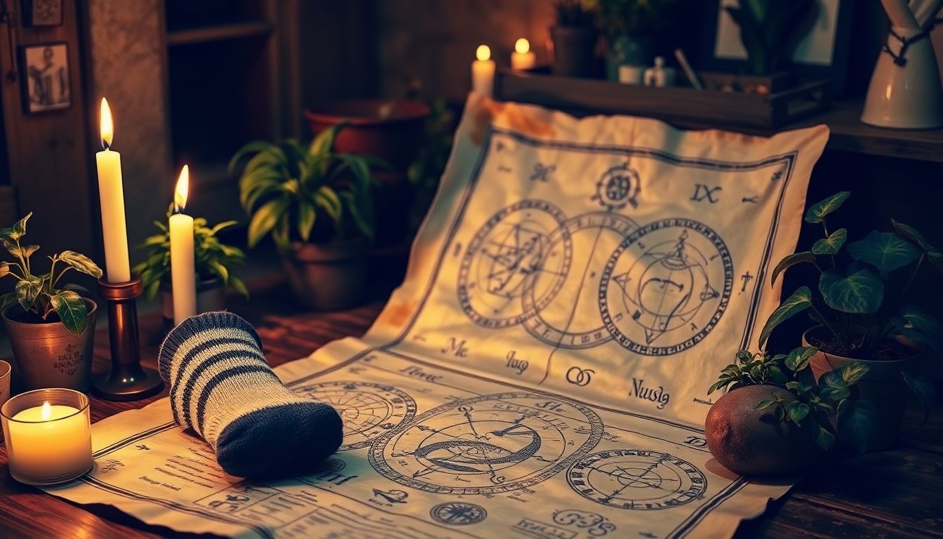 An old parchment with astrological symbols, a playful sock, and a pondering potato.