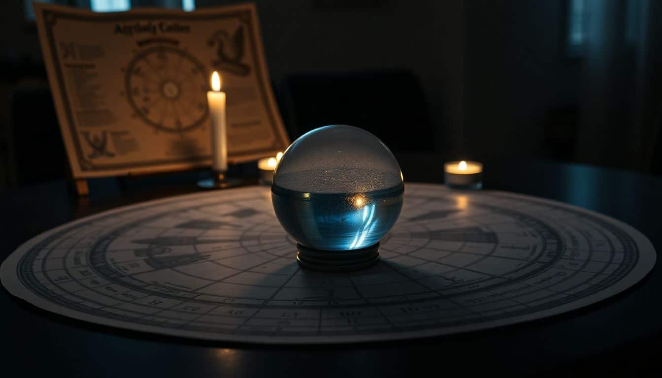 A crystal ball surrounded by astrological charts in a dimly lit room.