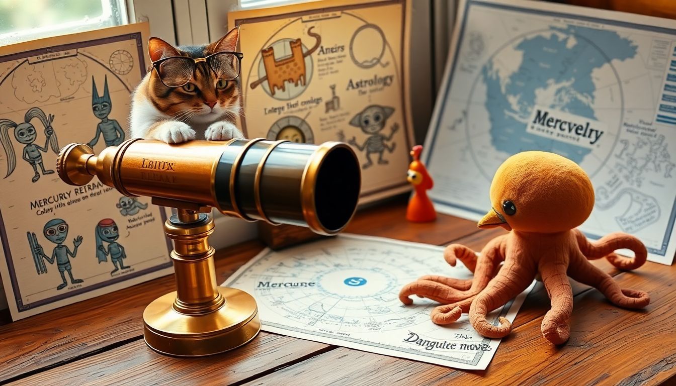 A vintage telescope and celestial maps with playful illustrations.