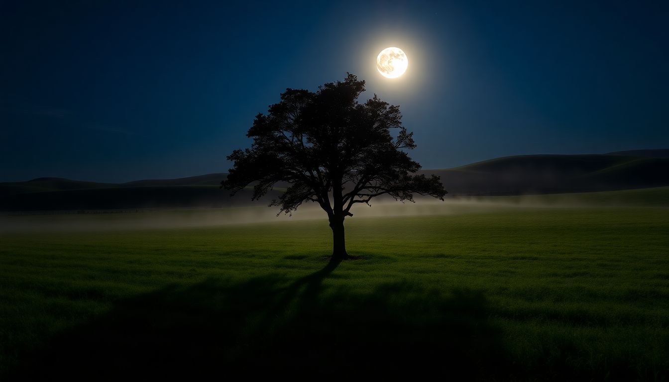 A lone tree stands in a moonlit meadow with misty surroundings.