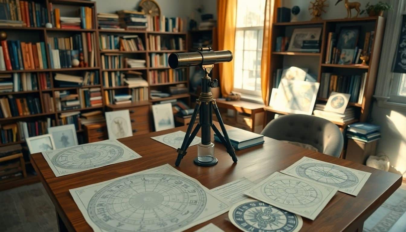 A vintage telescope sits on a cluttered table in an astrology-themed study room.