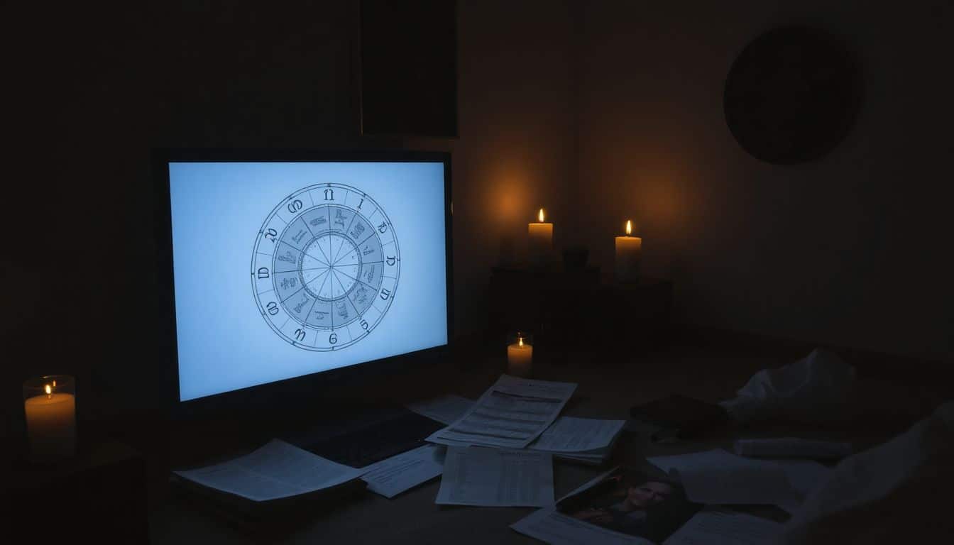 A dimly lit room with a glowing computer screen showing an astrological chart surrounded by scattered financial papers.