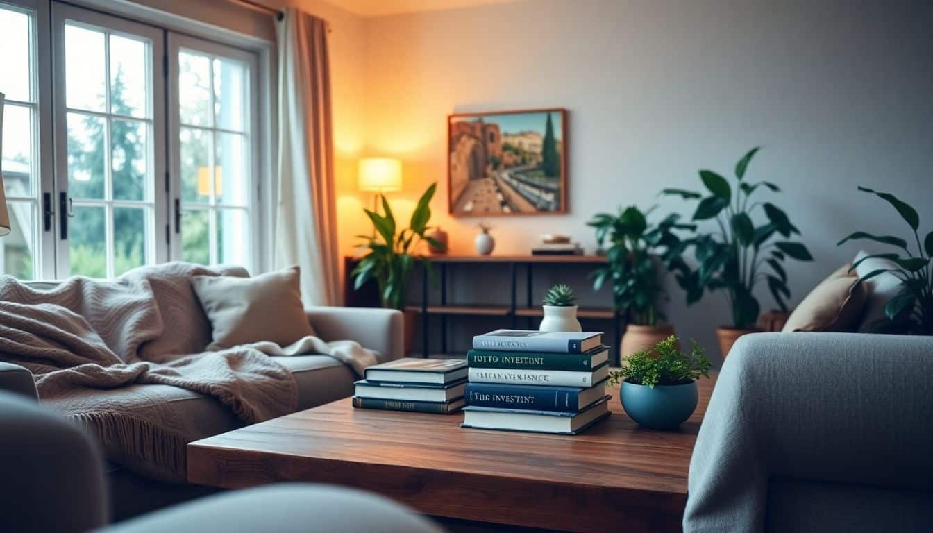 A cozy, well-lit living room with books and plants.