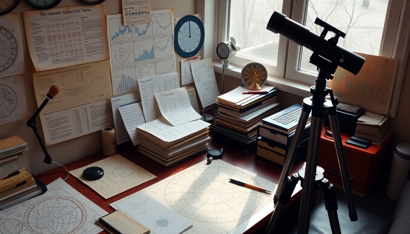 Astrology-themed workspace with financial charts, celestial maps, and telescope.