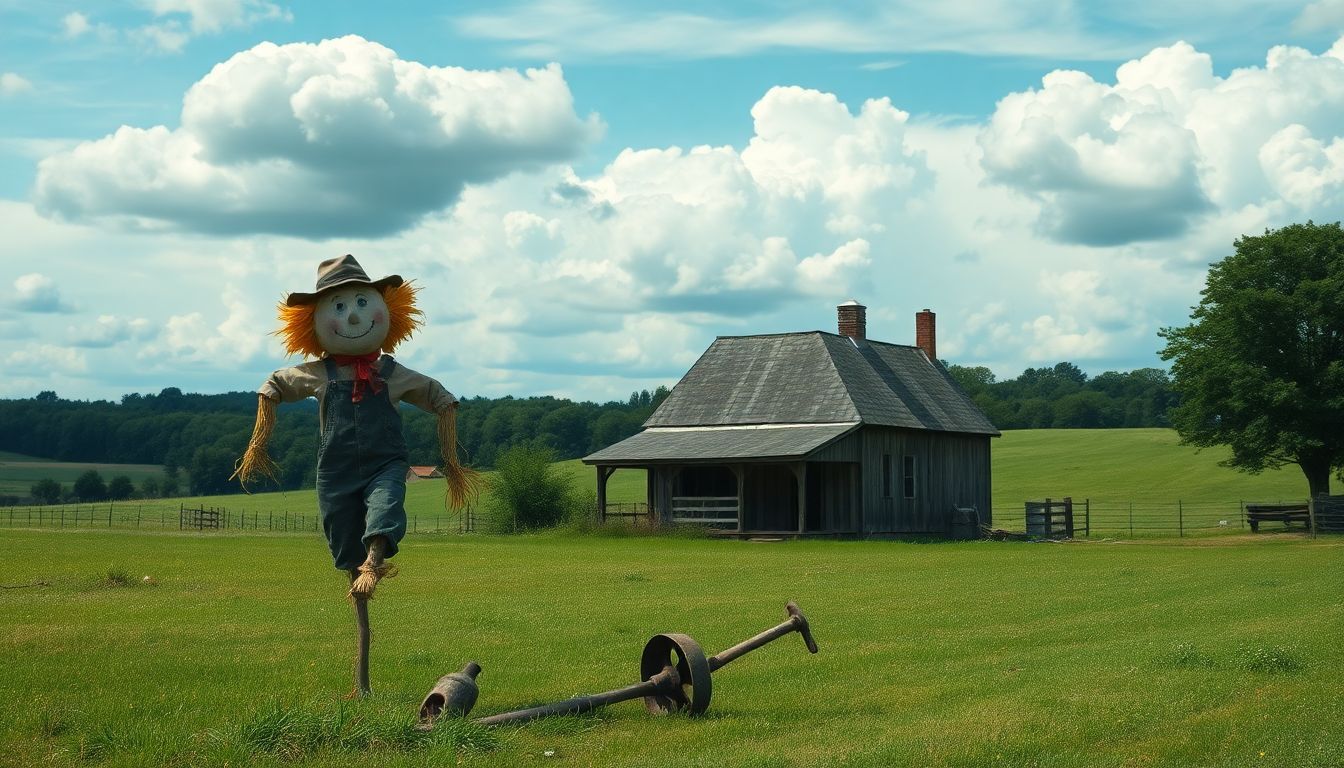 A rustic farmhouse in a peaceful countryside setting with farm tools and a playful scarecrow.