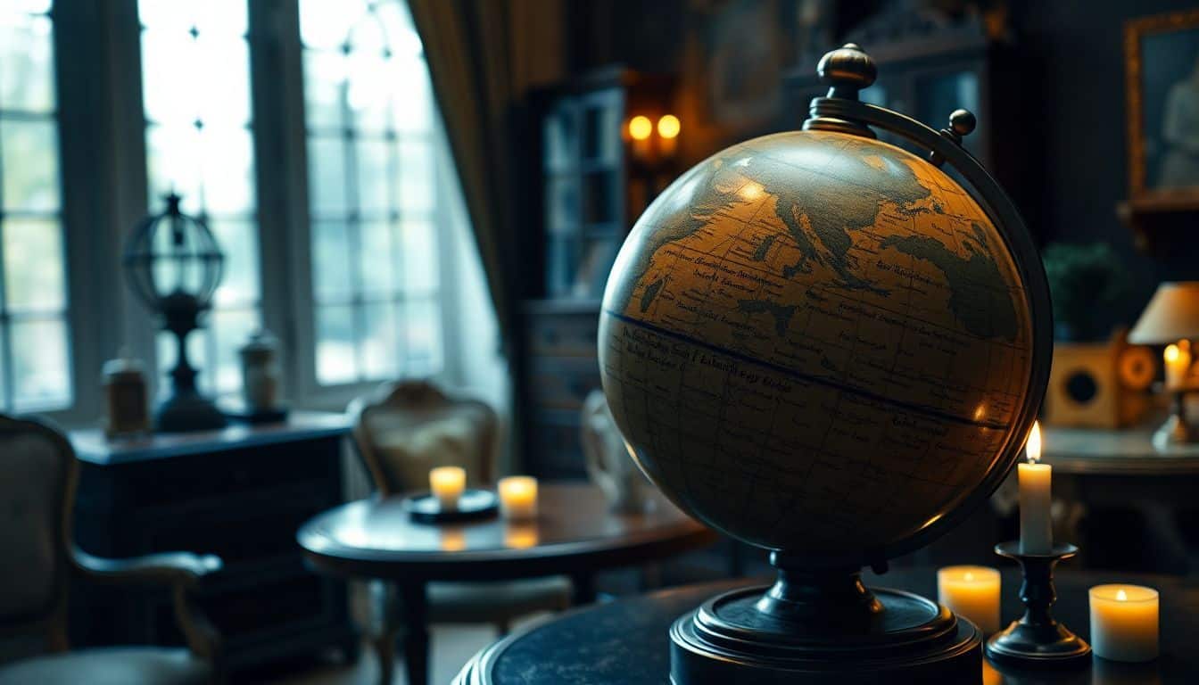 A close-up of a vintage celestial globe illuminated by soft candlelight.